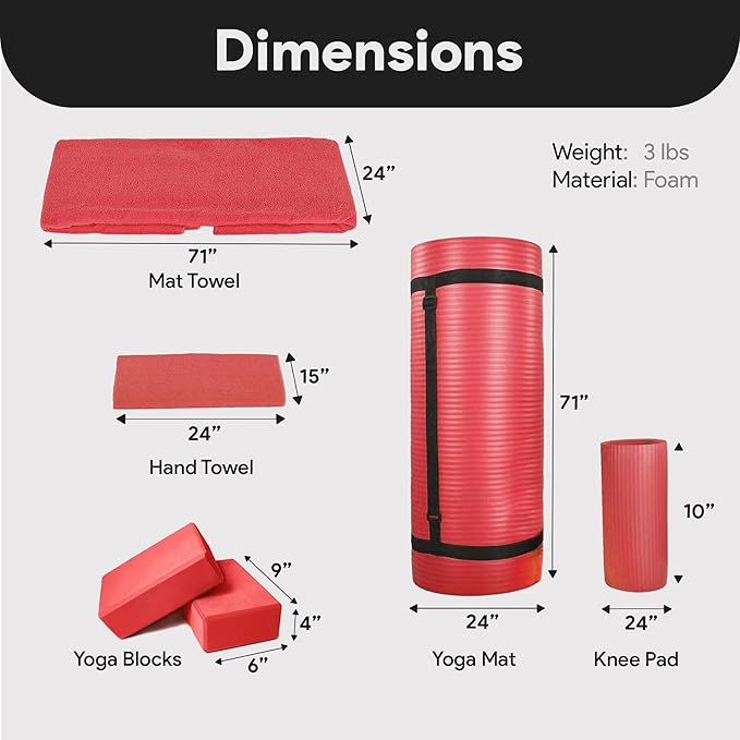 BalanceFrom 7-Piece Yoga Set with 71x24x0.5 Inches Extra Thick Mat and Carrying Sling – Includes 2 Blocks, Stretch Strap, 2 Towels, and Knee Pad for Home, Studio, and Gym Workouts