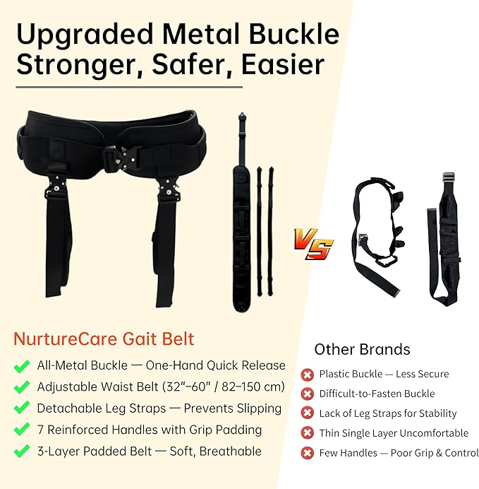 Gait Belt, Upgraded with Metal Buckle & Detachable Leg Straps, 7 Reinforced Handles, Transfer & Lift Belt for Seniors & Elderly, Walking Support and Mobility Assistance (Black, Medium)