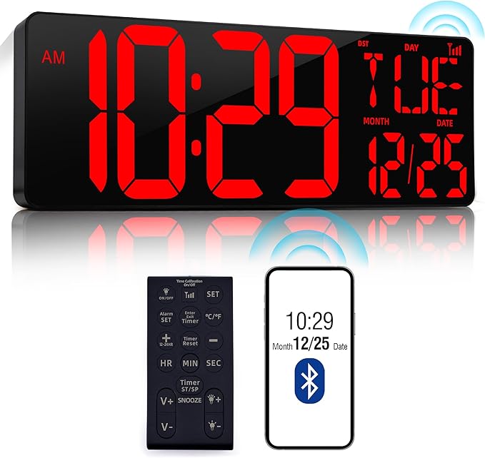 CYMHCHL 17.2" Large Digital Wall Clock Bluetooth Auto Time Sync Digital Clock Large Display Auto-Dimming/DST Led Wall Clock with Date Week Big Timer for Living Room Classroom Garage Gym Decor