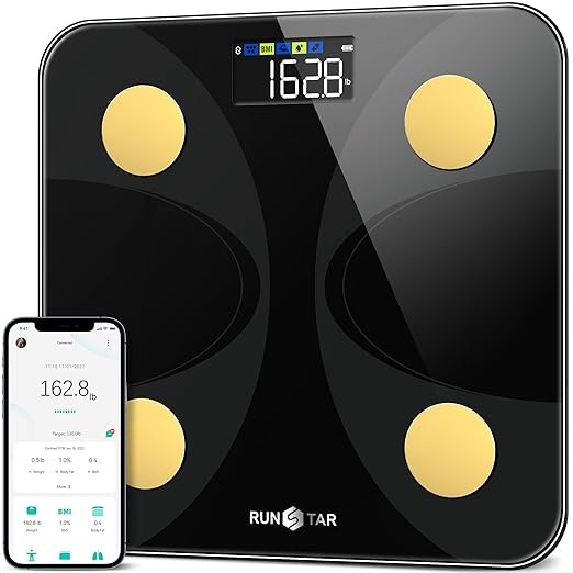 Scale for Body Weight and Fat Percentage, RunStar Digital Accurate Bathroom Smart Scale with Large Display, FSA&HSA Eligible 13 Body Composition Analyzer Sync App, Black Gold