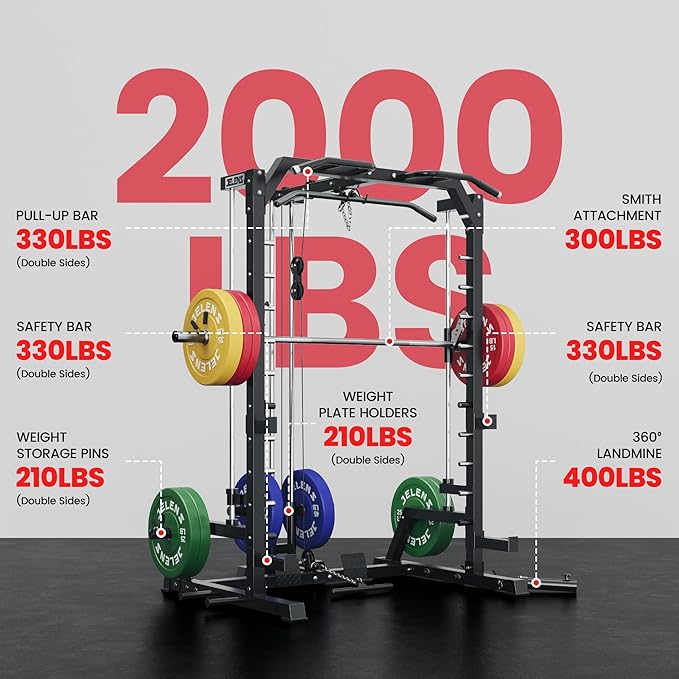 JELENS SR01 Smith Machine, 2000LBS Multi-Function Power Cage with LAT Pulldown System, All-in-One Home Gym Squat Rack with Smith Bar and Training Attachments for Full Body Workouts