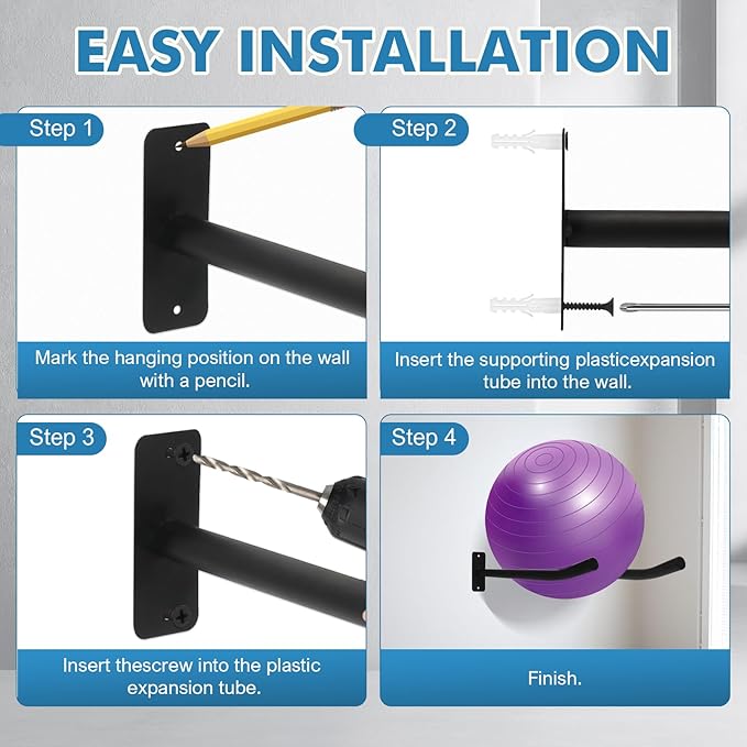 Medicine Ball Rack, 2 Pairs Yoga Ball Racks, Exercise Ball Wall Holder, Fitness Ball Wall Rack for Gym, Garage Ladder Wall Mount, Metal Storage Wall Rack for Basketballs, Volleyballs