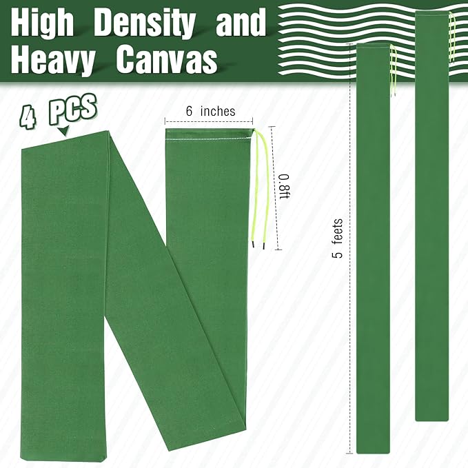 Threan 4 Pcs Long Canvas Sandbags for Flooding Sand Tube Bags Flood Protection Thickened Reusable Rain Wind Flood Barrier with Elastic Band Water Barrier Tube for Door Rain Control, Green (5 ft)