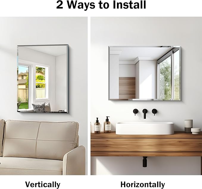 18x24 Beveled Mirror, Frameless Beveled Bathroom Mirrors for Wall, Upgraded Shatterproof Rectangle Vanity Mirror with Beveled Edge for Bathroom, Bedroom, Living Room and Entryway