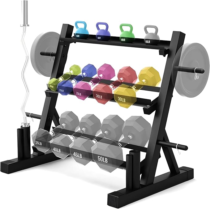PENSUN Dumbbell Rack – 3 Tier Adjustable Weight Storage Stand with Side Barbell Plate Holder – Multi Purpose Home Gym Organizer for Dumbbells, Kettlebells, Barbell
