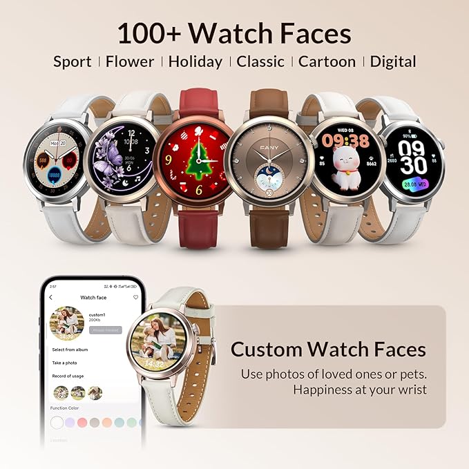 FANY Smart Watch for Women, 1.1'' AMOLED Ultra-Clear Display with Aluminum Case & Leather Band, Fitness Tracker with Sleep/Heart Rate/SpO2/ Breathing/Step Monitor, 110+ Exercise Modes for Android/iOS