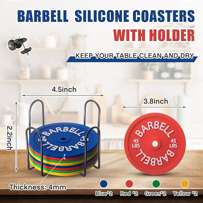 Blushtier 8 Pcs Barbell Bumper Plate Cool Coasters Round Silicone Coasters Weight Plate Coaster with Rack Holder for Gym Lovers Gym Accessories(Colorful)