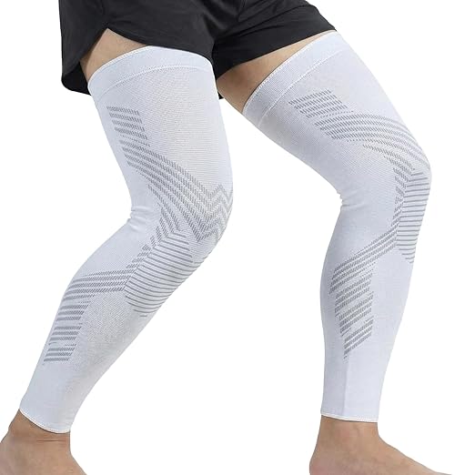 NuCamper Full Leg Compression Sleeves for Men and Women,2 Pack Legs Sleeves Long Knee Brace Support for Running, Basketball, Cycling, Workout, Sports - White,L