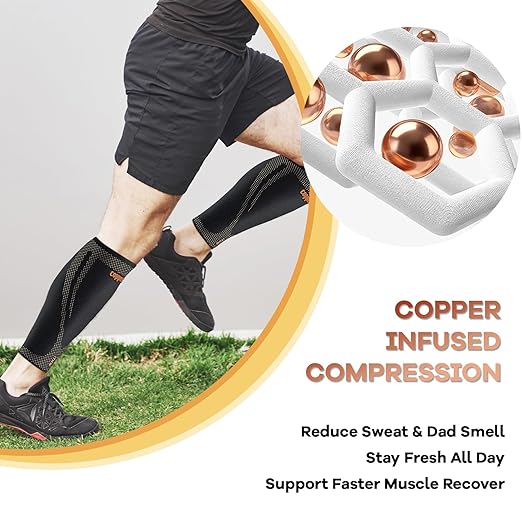 Copper Calf Compression Sleeves for Men & Women - High Stretch Graduated Compression with Anti-Slip Grip | Breathable & Smooth Lining Footless Design for Runners, Shin Splints, Leg Fatigue & Travel (1 Pair)