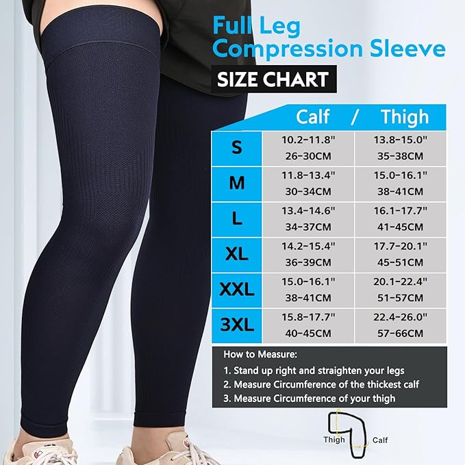 KEKING Full Leg Compression Sleeves, Unisex, Thigh High Compression Stocking 20-30mmHg Graduated Support for Thigh Calf Knee, Running, Basketball, Reduce Varicose Veins and Swelling, Navy Blue 3XL