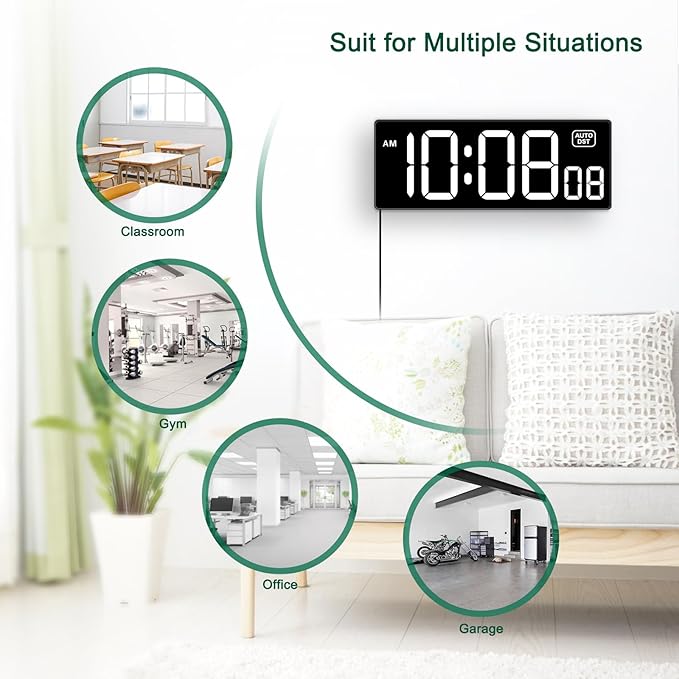Soobest LED Digital Wall Clock with Seconds, Electric Clock Plug Auto DST Dimmer LED Large Display 10 Inches (White)