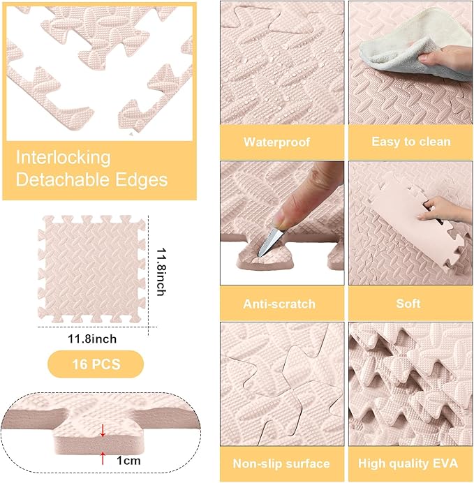 Shihanee Foam Floor Tiles Foam Floor Mats Play Mats Bulk with Borders Interlocking for Bedroom Gym Nursery(11.8 x 11.8 Inch,Beige)