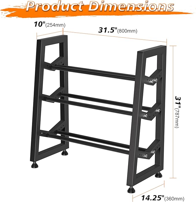 3 Tier Weight Rack for Home Gym Dumbbells, Universal Dumbbell Rack with Adjustable Width Rails, Heavy Duty Angled Storage Stand for Kettlebells & Hand Weights (Rack Only)