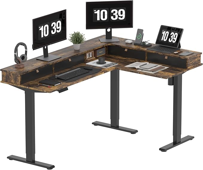 SANODESK L Shaped Standing Desk with 3 Drawers, Height Adjustable Stand up Desk, Corner Gaming Desk with Monitor Stand (Rustic Brown, 63"x47")