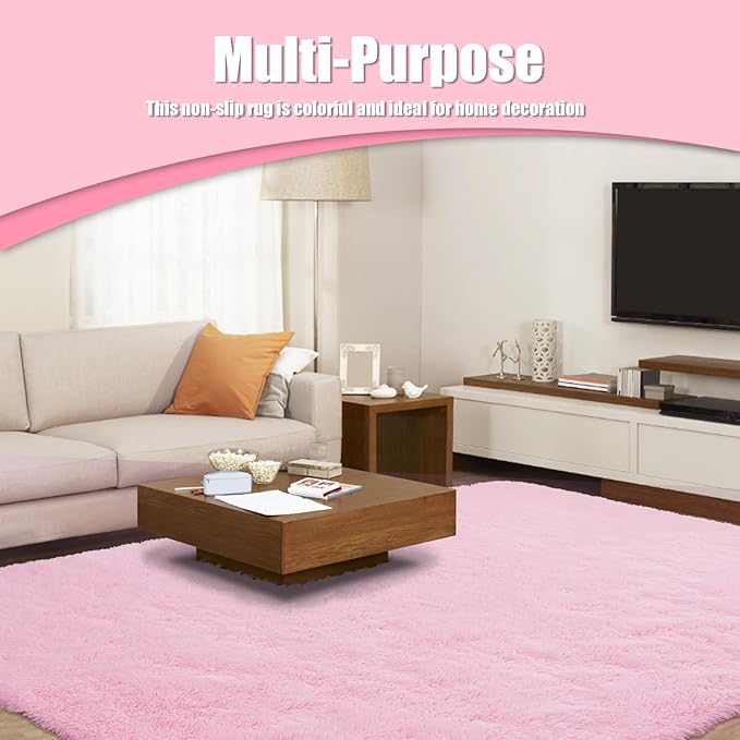 Ultra Soft Fluffy Area Rugs for Bedroom Living Room 10x14, Nursery Rug, Non-Slip Carpet for Kids Dorms Decor, Shaggy Bedside Rug, Pink
