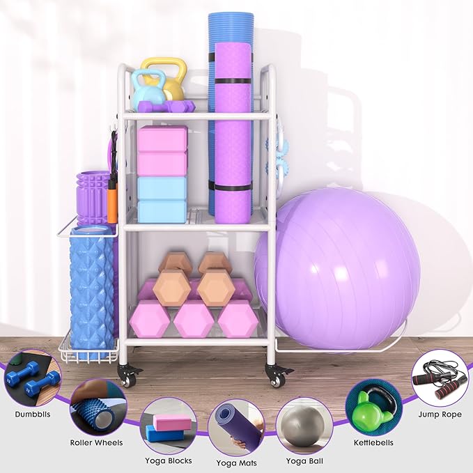 Home Gym Storage Rack Exercise Equipment Storage Organizer for Yoga Mat Dumbbells Kettlebells Foam Roller Yoga Strap & Resistance Bands, Ideal Yoga Mat Holder & Workout Equipment Organizer