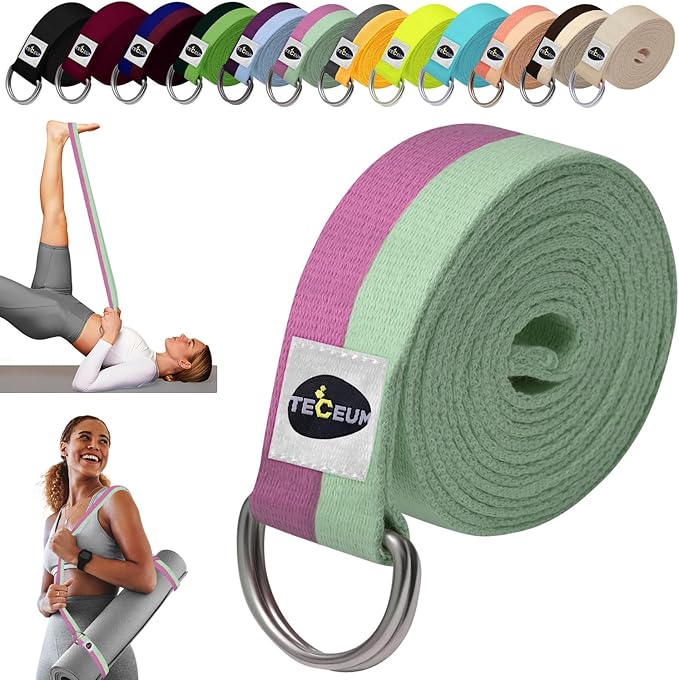 TECEUM Yoga Strap & Mat Strap – 2 IN 1 – Cotton – 6 ft 8 ft 10 ft (30+ colors) – Adjustable Non-Slip Belt for Yoga, Pilates, Stretching, Physical Therapy, Fitness & Home Workout – For Carrying Mats