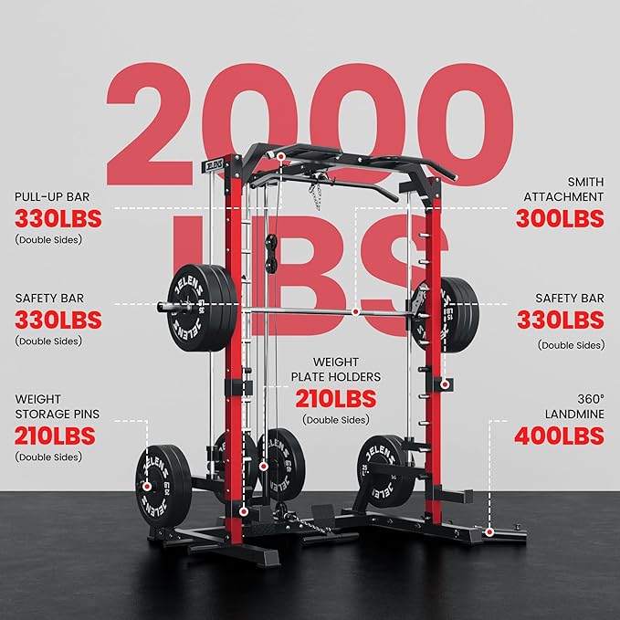 JELENS SR01 Smith Machine, 2000LBS Multi-Function Power Cage with LAT Pulldown System, All-in-One Home Gym Squat Rack with Smith Bar and Training Attachments for Full Body Workouts