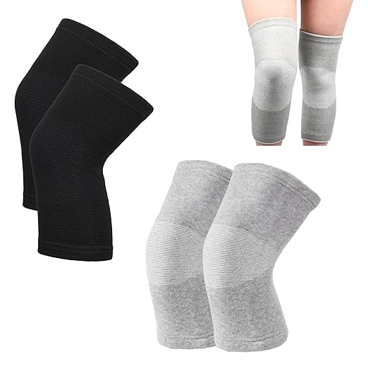 Premium Bamboo Knee Compression Sleeve, 2 Pair Slip-One Knee Support, Elastic Warm Knee Brace for Knee Pain, Joint Recovery, Sports, Daily Wear for Adults (Black+Gray, Medium)