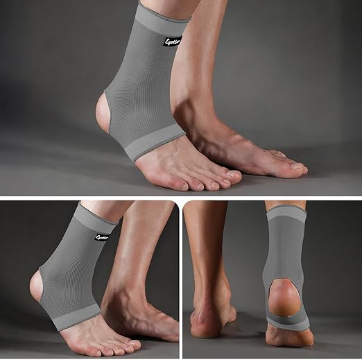 eYotto Open-Heel Ankle Sleeves (3 Pair), Breathable Foot & Ankle Compression Support for Swelling, Plantar Fasciitis & Sprain Relief for Men & Women(Gray)