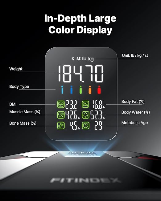 FITINDEX Smart Scale with BMI, Body Fat, Muscle Mass, Scale for Body Weight and Fat Percentage, High Accurate Bluetooth Scale with Large Display, 13 Body Composition Analyzer Sync APP, 500lbs, 11.8"