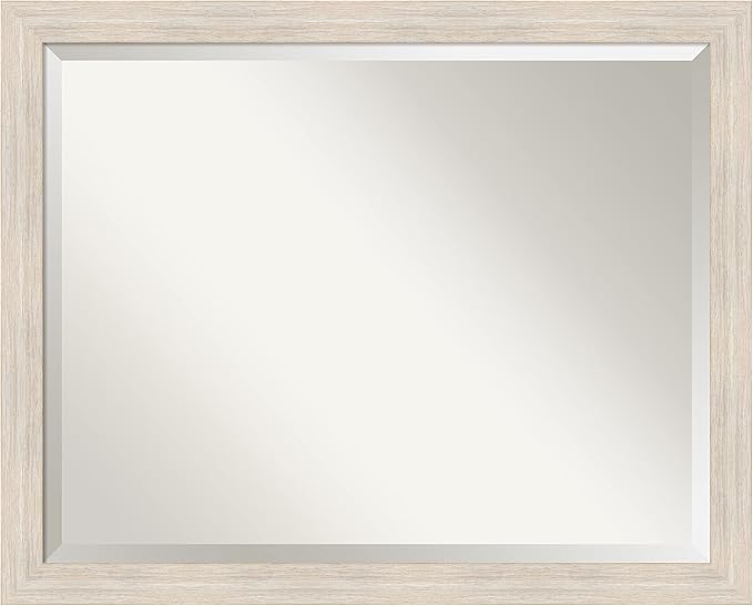 Amanti Art White Bathroom Mirror for Over Sink, 25x31 Hardwood White Wash Narrow Rectangle Vanity Mirror, Large Rustic Farmhouse Wood Frame, Hangs Horizonally and Vertically, Bathroom Wall Decor