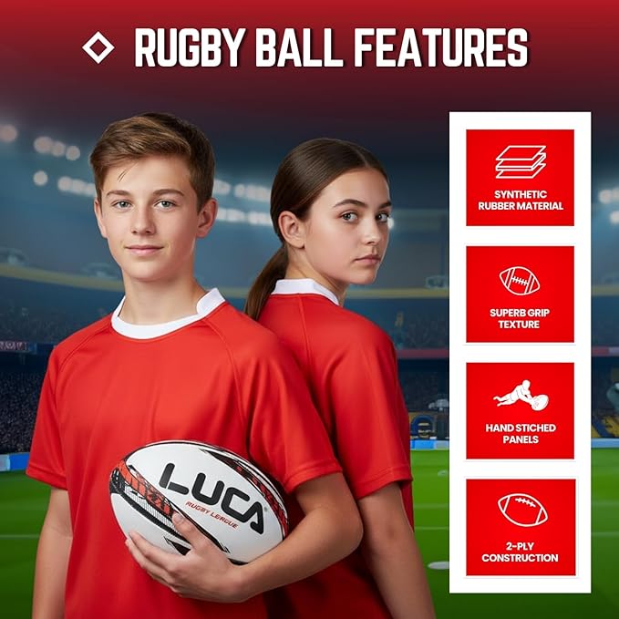 LUCA Rugby Ball Youth and Adult Sizes 3, 4 & 5 - Hand Stitched Super Grip Training Ball - Durable 3-Ply Waterproof Surface for College & Club Practice