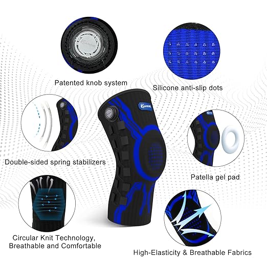 Kuangmi Knob Knee Brace for Pain Relief, Knee Support with Patella Gel Pad & Side Stabilizers, Compression Knee Sleeve for Workout, Arthritis, Joint Pain, Meniscus Tear (Blue Black,Right,Large,Single)