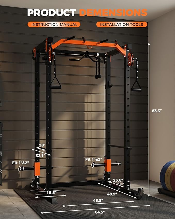 Power Cage, Power Rack with Cable Crossover System, 2000LBS Squat Rack with LAT Pull Down System, Workout Cage with Pulley System for Fitness Home Gym Strength Training (Red&Black)