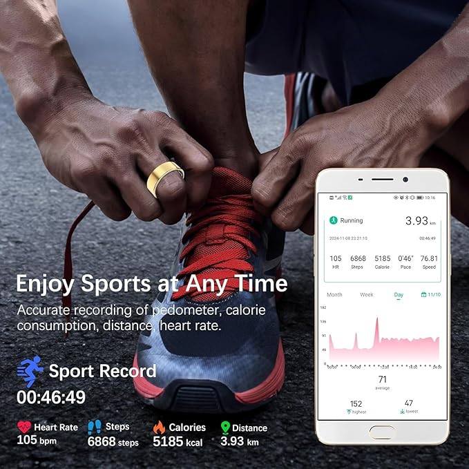 SEEVEN Smart Ring for Women Men, Fit Ring with Heart Rate, Blood Oxygen, HRV, Sleep Monitor, Stress, Step Counter, IP68 Waterproof Fitness Rings for iPhone & Android, No Subscription Fee (Gold, 6#)