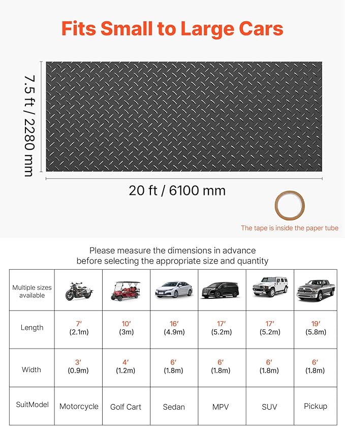 VEVOR Garage Floor Roll, 7.5 x 20 ft Garage Flooring Mat, 2.2 mm Thickened PVC Diamond Plate Floor Protector Mat with Double-Sided Tape, Non-Slip, Easy to Clean for Warehouse, Gyms, Trailer, Black