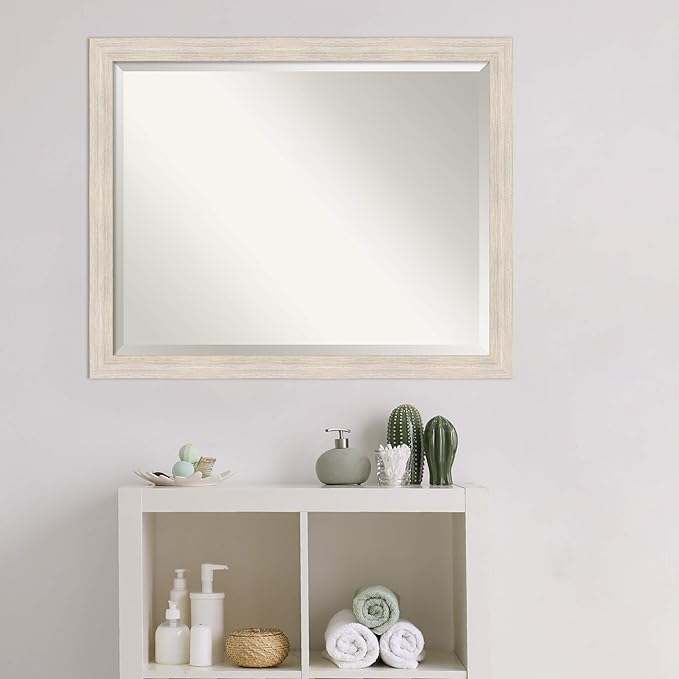 Amanti Art White Bathroom Mirror for Over Sink, 25x31 Hardwood White Wash Narrow Rectangle Vanity Mirror, Large Rustic Farmhouse Wood Frame, Hangs Horizonally and Vertically, Bathroom Wall Decor