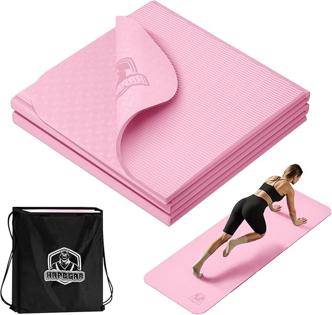 HAPBEAR Foldable Yoga Mat - 72"x24"x0.24" (6mm), Non-Slip TPE Exercise Mat for Home Workout, Yoga, Pilates,Stretching, & Travel, Durable & Eco-Friendly, Includes Carry Bag