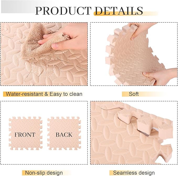 Arrowbash 12x12x1 Inch EVA Thick Interlocking Foam Floor Tiles Puzzle Exercise Mat Foam Mats for Home Gym Pets(Beige,12)