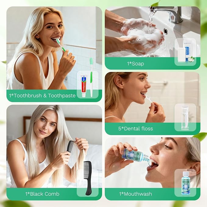 100 Set Personal Care Travel Toiletries Sets Bulk,8-IN-1 Disposable Toothbrushes with Toothpaste and Floss,Mouthwash,Comb,Soap,Cover,Zip Bag Toiletry Travel Toothbrush Kit for Homeless,Hotel,Charity