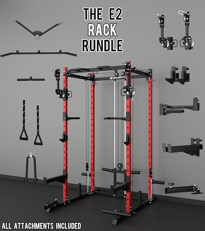 Eonfit E2 Power Cage，1500LB Squat Rack with Cable Crossover System.Multi-Function Power Rack for Home Gum.All-in-One Squat Rack with More Training Attachments