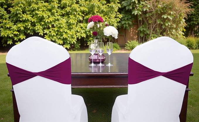 VDS Pack of 100 PCS | Eggplant | Spandex Chair Sashes Bows Without Buckle | Stretch Elastic Banquet Universal Folding Chair Band Tie with for Wedding Party Conference Celebration Event Decoration