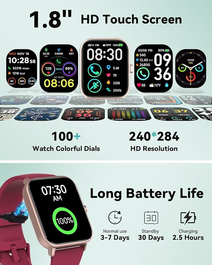 Quican Smart Watches for Women/Men, Smart Watch for Android Phones and iPhone Compatible, Alexa Built-in, 1.8" Fitness Watches for Women, IP68 Waterproof/Bluetooth Call, Heart Rate/Sleep Monitor, Red