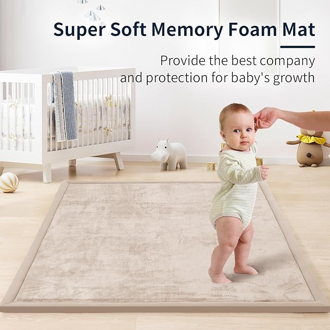 ACOMOPACK Baby Play Mat for Floor 1.3" Thick Memory Foam 50x50 Soft Velvet Playpen Mat for Kids,Infants,Toddlers,Tummy Time Crawling Mats with Non-Slip Bottom,Yoga,Tatami,Nursery Rug（Beige）