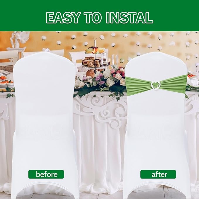 Howhic Pack of 120 Spandex Chair Sashes Bows Stretch Chair Cover Band with Buckle Slider Universal Elastic Chair Ties for Wedding Banquet Party Event Decoration (Sage Green)