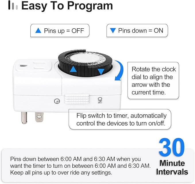 Baomain 2-Pack Indoor Mini 24-Hour Mechanical Outlet Timer, 15A 125VAC ON/Off Single Outlet,3-Prong Plug Timer BND-60/U47,ETL Listed
