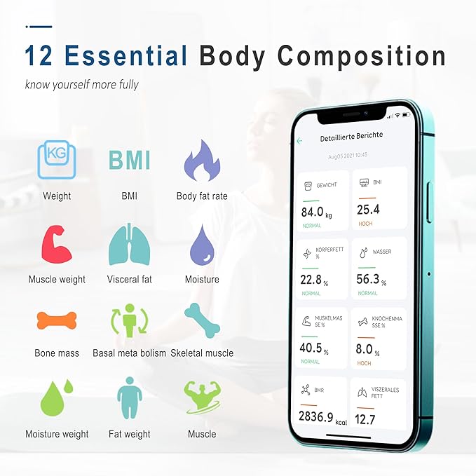 Elevon Smart Scale for Body Weight, Digital Bathroom Scale with LED Display, 12 Body Composition Metrics, Body Fat BMI Health Monitor, Bluetooth Sync with Apps, 400lb Capacity, Tempered Glass