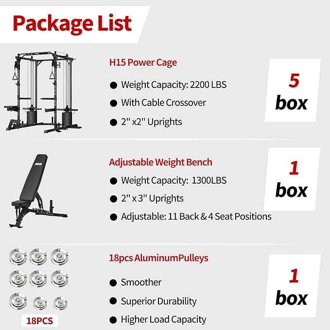 JEEKEE Power Cage with Cable Crossover System, 2200LB Heavy Duty Power Rack with Dual Pulley, 180LB Weight Stack, LAT Pulldown, 20+ Attachments for Home Gym,Black
