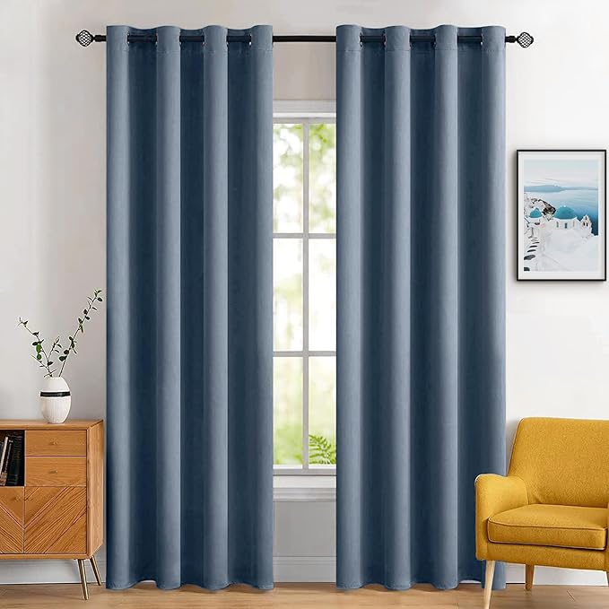 MIULEE Blackout Room Darkening Curtains Thermal Insulated Black Out Drapes Solid Window Treatment Grommet Light Blocking Curtain for Living Room Bedroom 2 Panels Set 52 x 84 inch Length Stone Blue