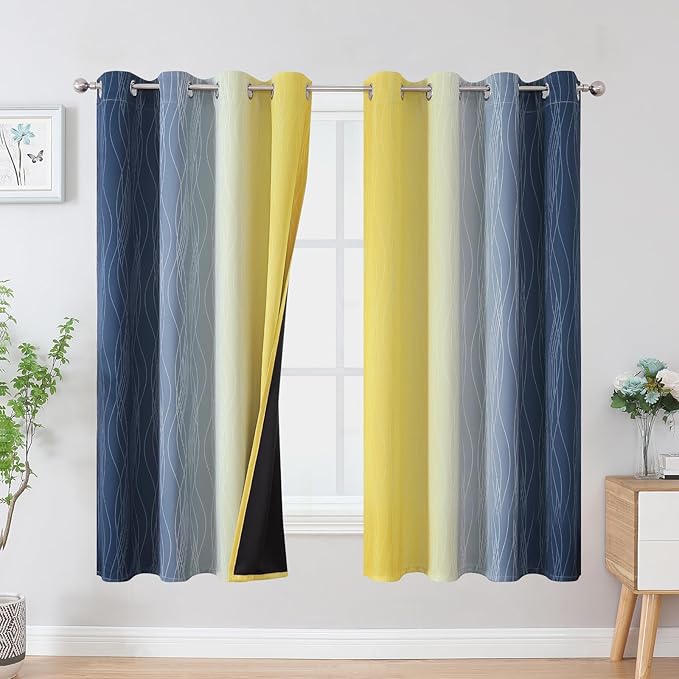 Estelar Textiler Navy Blue and Yellow Blackout Curtains 63 Inch Length 2 Panels Set, Full Room Darkening Grommet Ombre Curtains for Bedroom, Thermal Insulated Light Blocking Gradient Drapes,52Wx63L