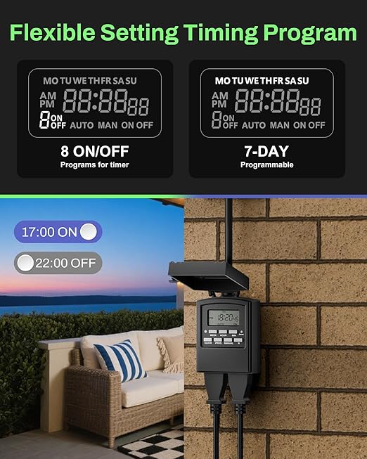 BN-LINK 7 Day Outdoor Heavy Duty Digital Programmable Timer, Outdoor Timer Outlet Waterproof, 2 Grounded Electrical Outlets for Christmas Lights, 15A 1/2HP,ETL Listed