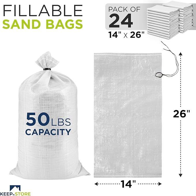 Heavy Duty Sand Bags Pack of 24, White Empty Sandbags with Built-In Ties, Woven Polypropylene UV Protection 1600 Hours, Fillable Bags for Flood Control, Weight, 14x26 inches, 50 Pounds Volume