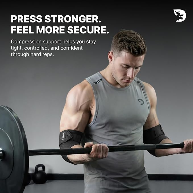 DMoose Fitness Elbow Wraps for Weightlifting (Pair) - 40'' Adjustable Strap for Gym Workout & Bench Press, Compression Elbow Sleeves for Tendonitis, Joint Support, Powerlifting & Deadlifts