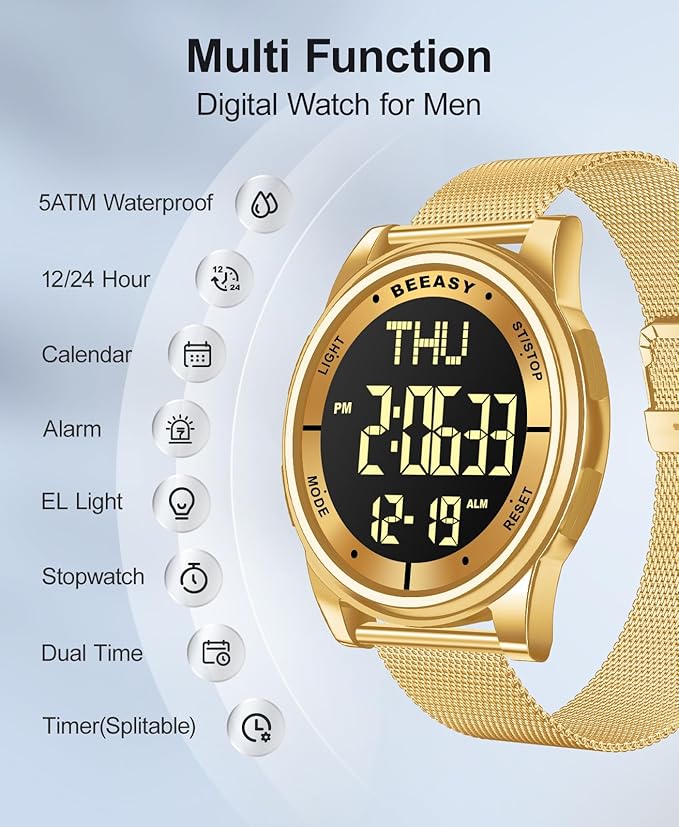 Beeasy Digital Watch for Men Women, 50M Waterproof, Ultra-Thin & Lightweight, 44mm Silicone Sports Watch with Alarm, Stopwatch, Countdown, Ideal for Gym, Running, School, Daily Wear