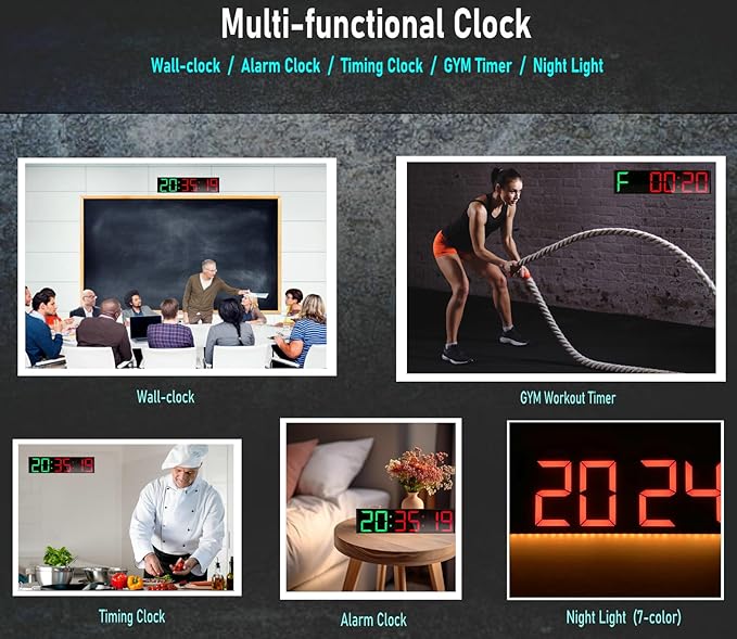 26'' Huge Home Gym Interval Workout Timers, Digital Wall Clock, with Countdown, Stopwatch, 7-Color Light, 8-Alarms, Calendar/Temperature Display, for HIIT/Tabata/FGB/EMOM (Green & Red)